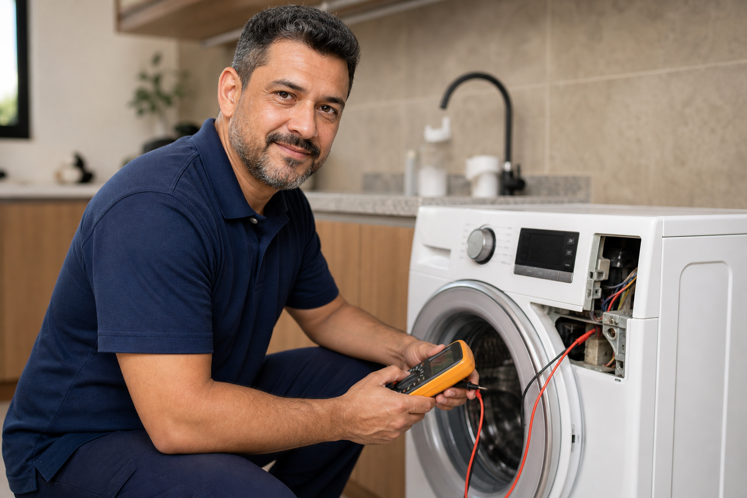 Técnico em uniforme executando diagnóstico em eletrodoméstico